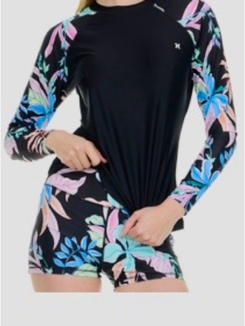 Hurley Black Long-Sleeve Floral Rash Guard Set with Pastel Accents